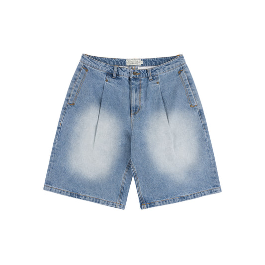 Pleated Denim Shorts, Blue Washed